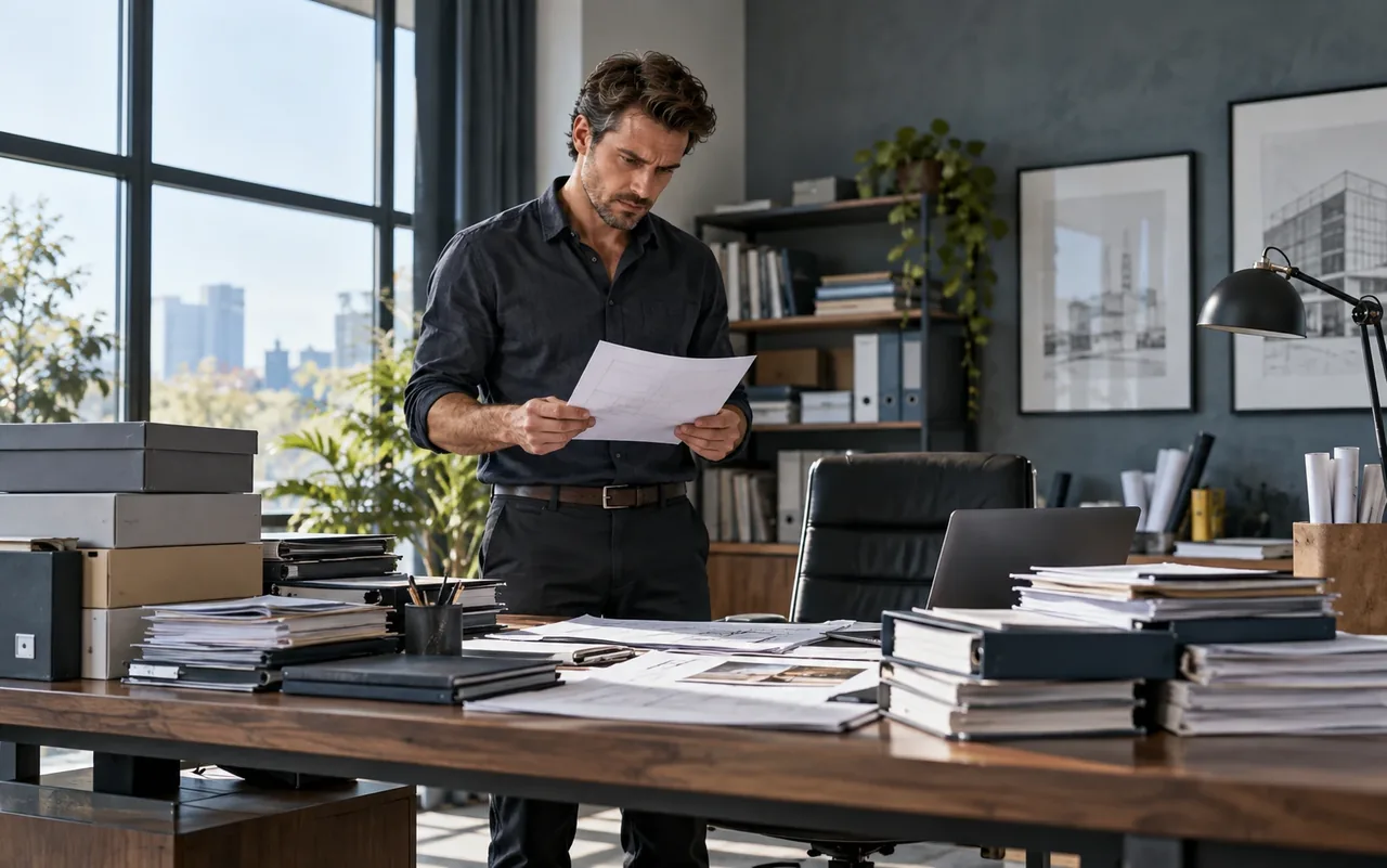 Un professionnel debout devant son bureau encombré de classeurs et de plans, un document à la main, face à une décision à trancher