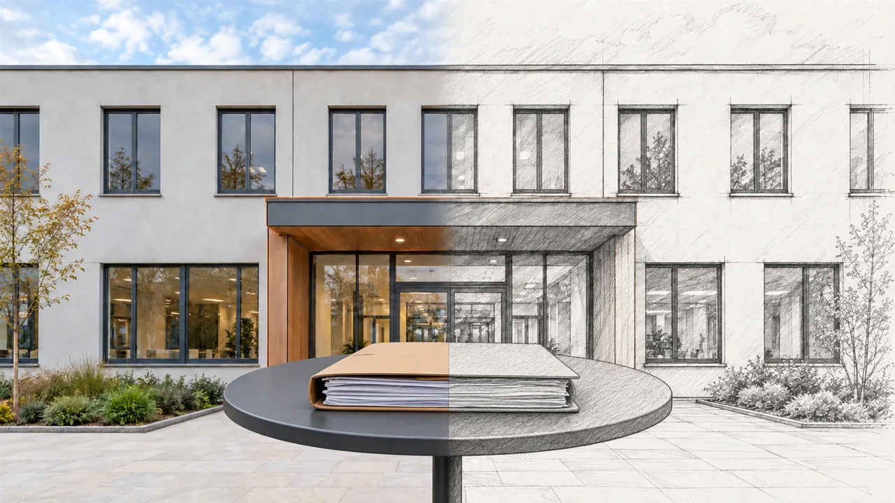 La façade d'un établissement, moitié photographie, moitié dessin d'architecte, avec un classeur de pièces posé sur une table : un dossier de projet d'ERP, de la conception à la réalisation