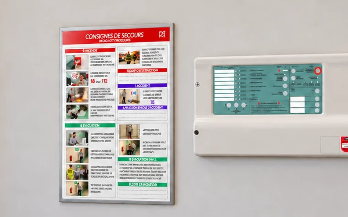 Une affiche de consignes de secours encadrée à côté d'une centrale de détection incendie