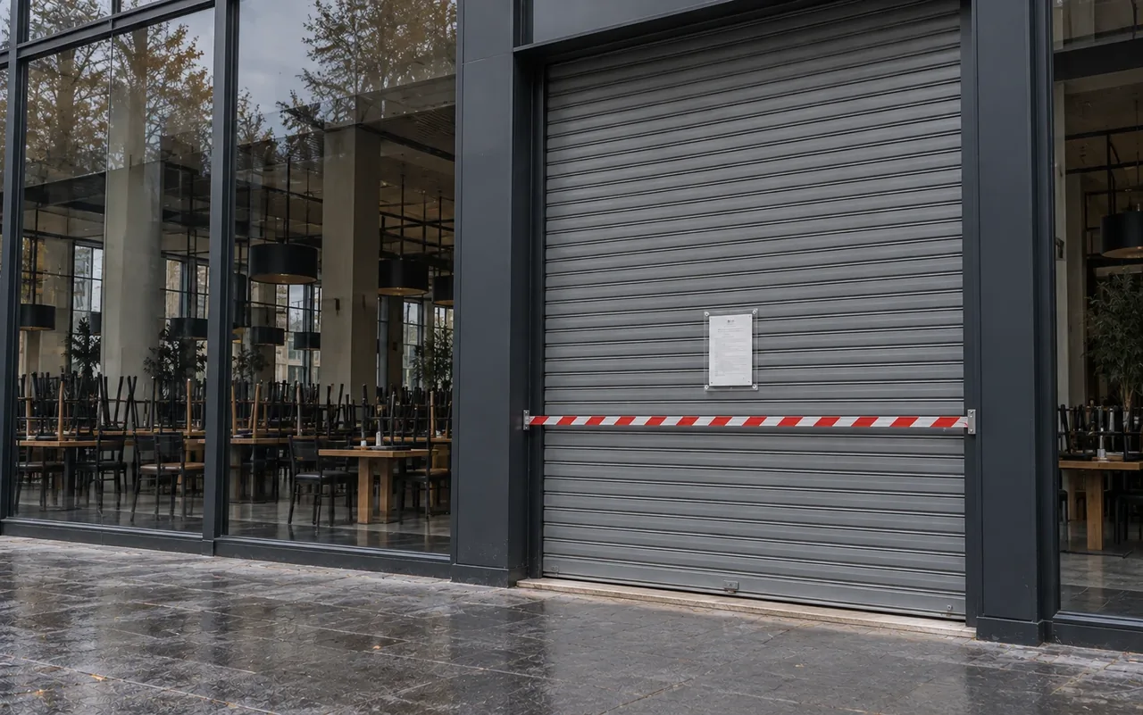 Le rideau métallique baissé d'un restaurant, barré d'une bande rouge et blanche, avec un arrêté affiché : fermeture administrative d'un ERP