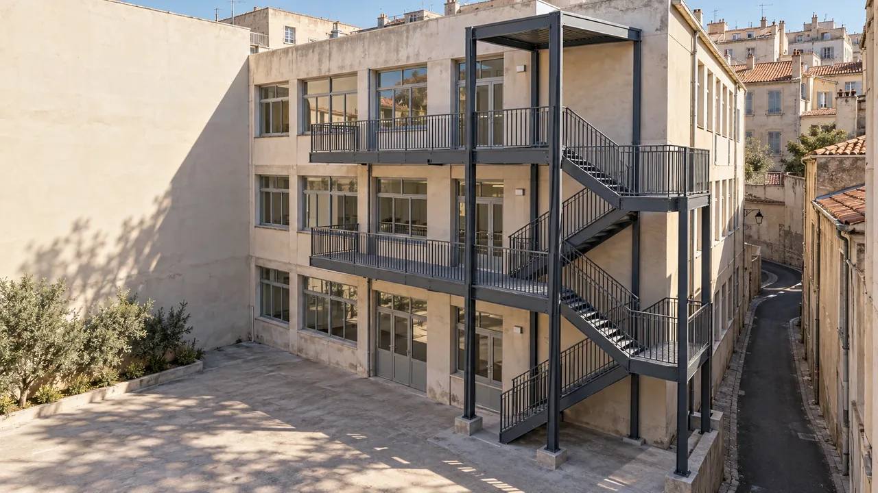 Un escalier extérieur métallique rapporté sur la façade d'un bâtiment existant en cœur de ville : une solution adaptée aux contraintes du bâti