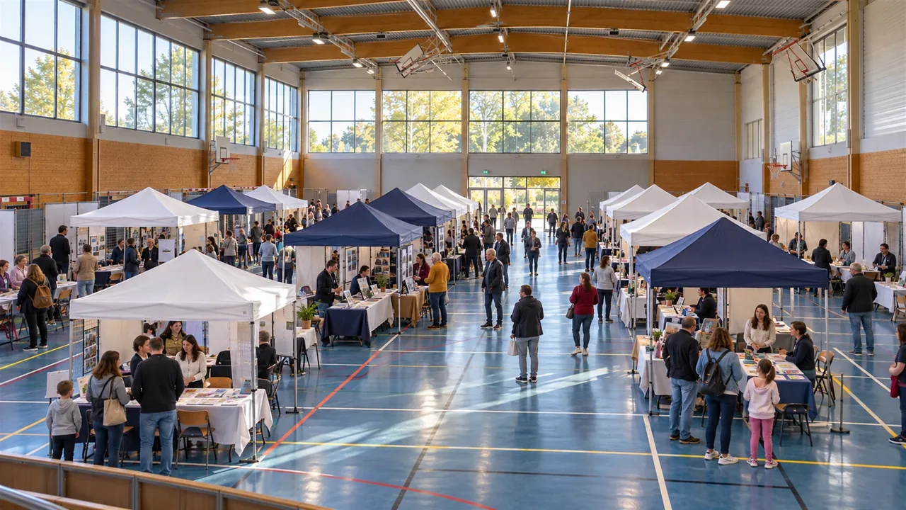 Un gymnase aménagé pour un forum, avec des stands sous des tentes et des visiteurs : une utilisation exceptionnelle de locaux
