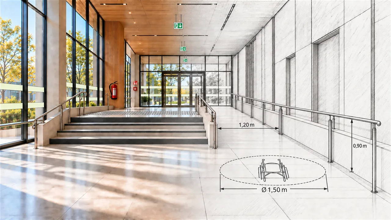 Le hall d'un établissement, moitié photographie, moitié dessin coté : rampe, cheminement de 1,20 m et espace de manœuvre de 1,50 m
