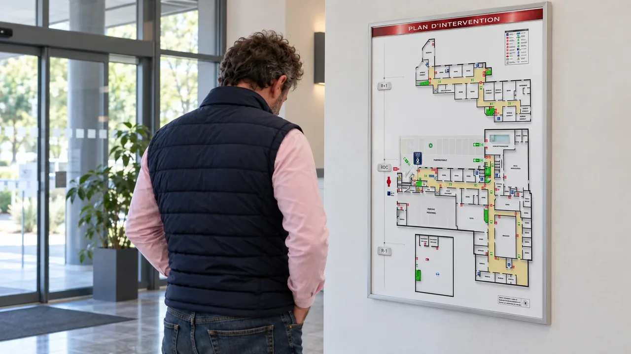 Un visiteur de dos devant le plan d'intervention d'un établissement affiché à l'accueil