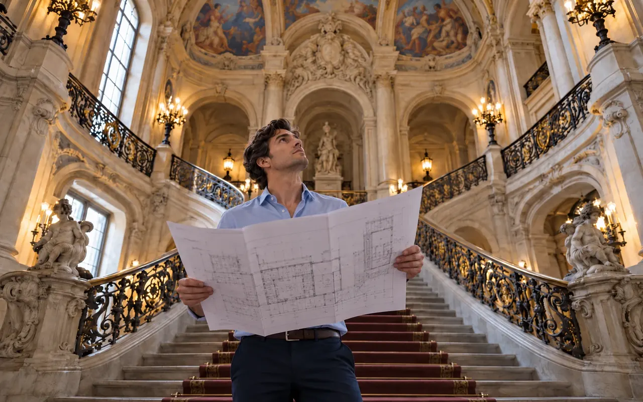 Un architecte déploie des plans dans le grand escalier d'un hôtel de ville : composer avec l'existant