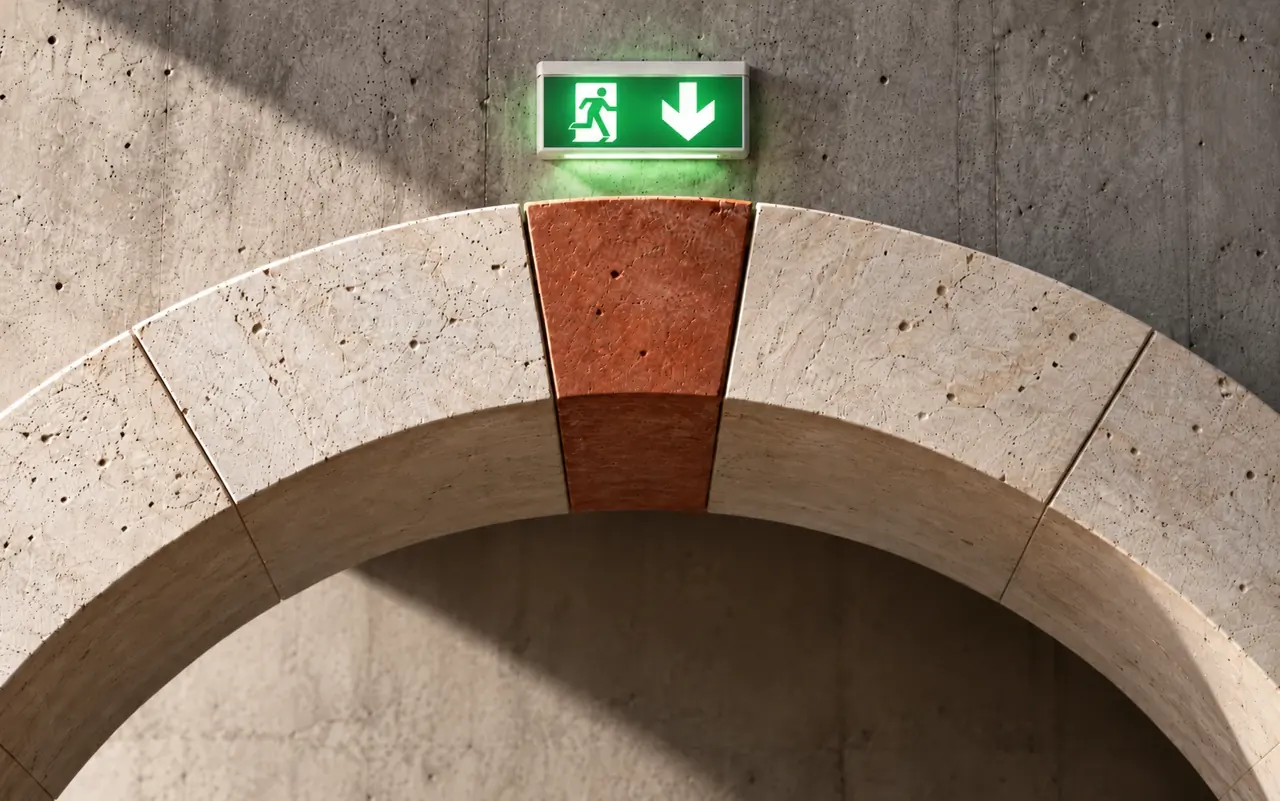 Clef de voûte d'un arc en pierre surmonté d'un bloc de sortie de secours allumé : concevoir sans reprise