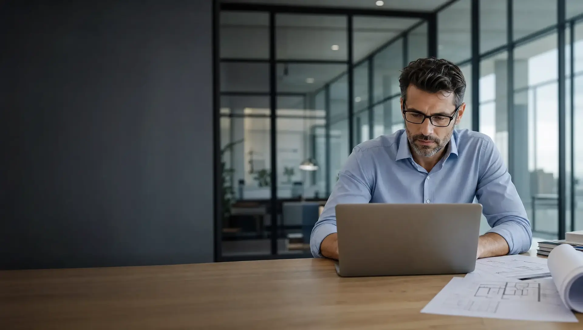 Un architecte analyse un projet ERP sur son ordinateur, plans déroulés sur la table