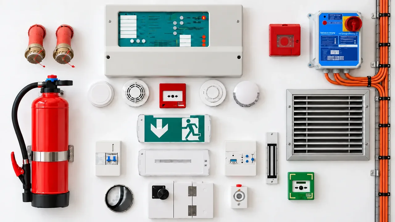 Les équipements d'un établissement alignés sur un mur blanc : centrale d'alarme, extincteur, détecteurs, déclencheurs manuels, bloc de sortie de secours, clapet de désenfumage et coffret de commande