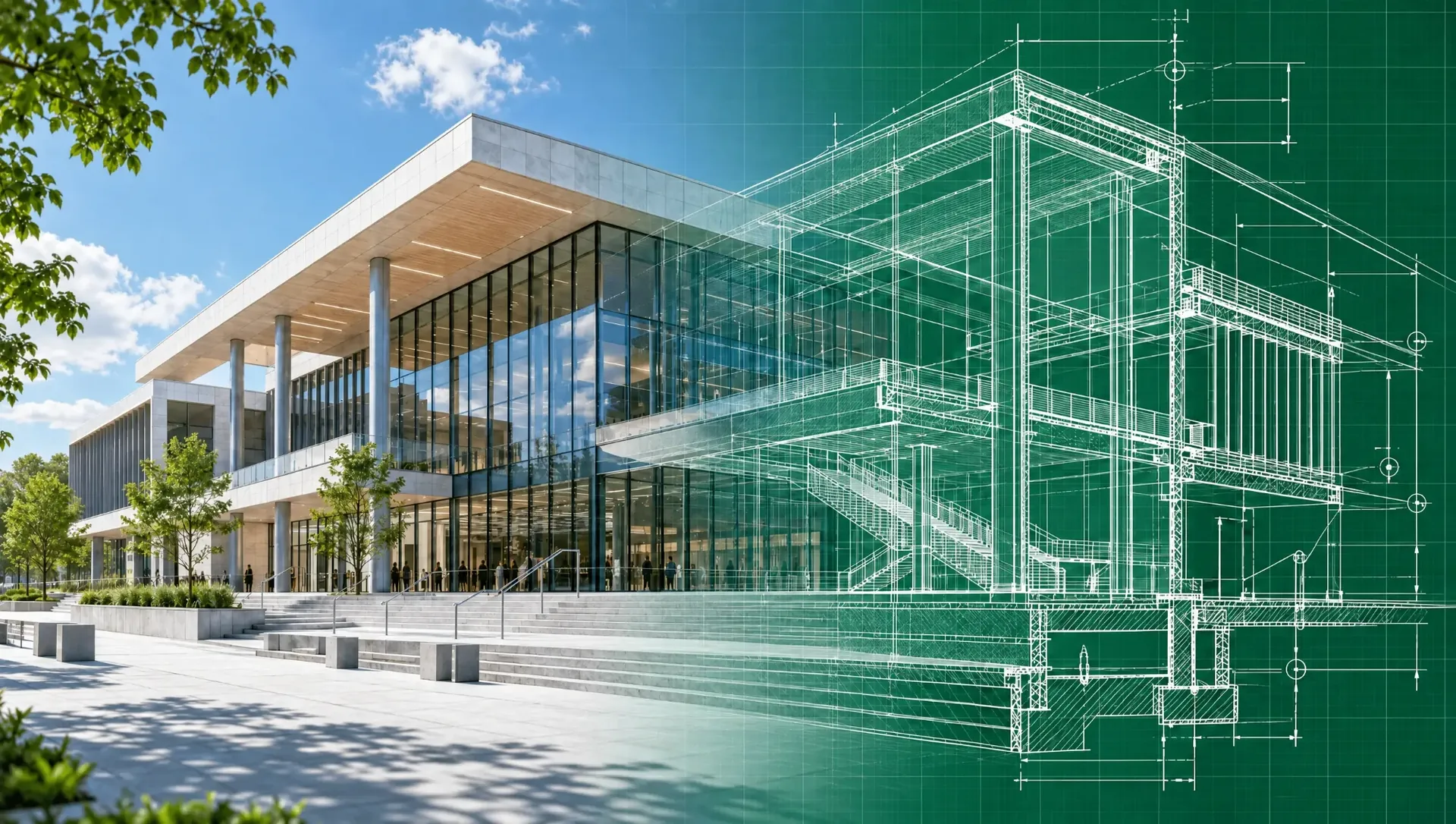 Un bâtiment public moderne dont la façade vitrée se prolonge en plan technique : conseil, études et accompagnement pour vos projets ERP