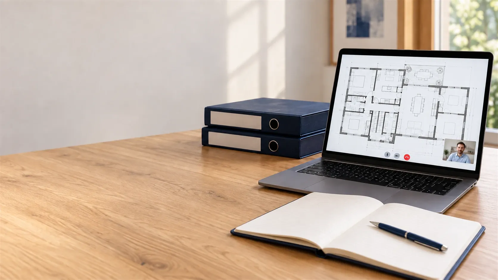 Un ordinateur portable affichant une visioconférence et un plan de bâtiment partagé, posé sur un bureau avec un carnet ouvert et des classeurs : une consultation en visio sur pièces