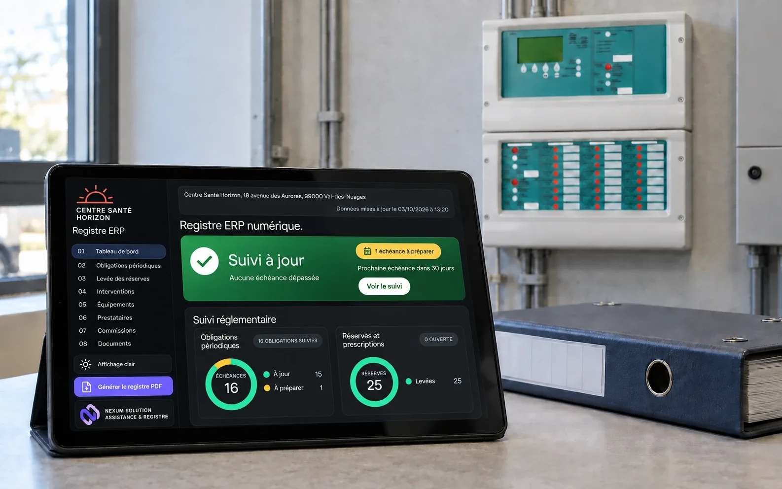 Une tablette affichant le registre de sécurité numérique Nexum, posée devant une centrale d'alarme et un classeur