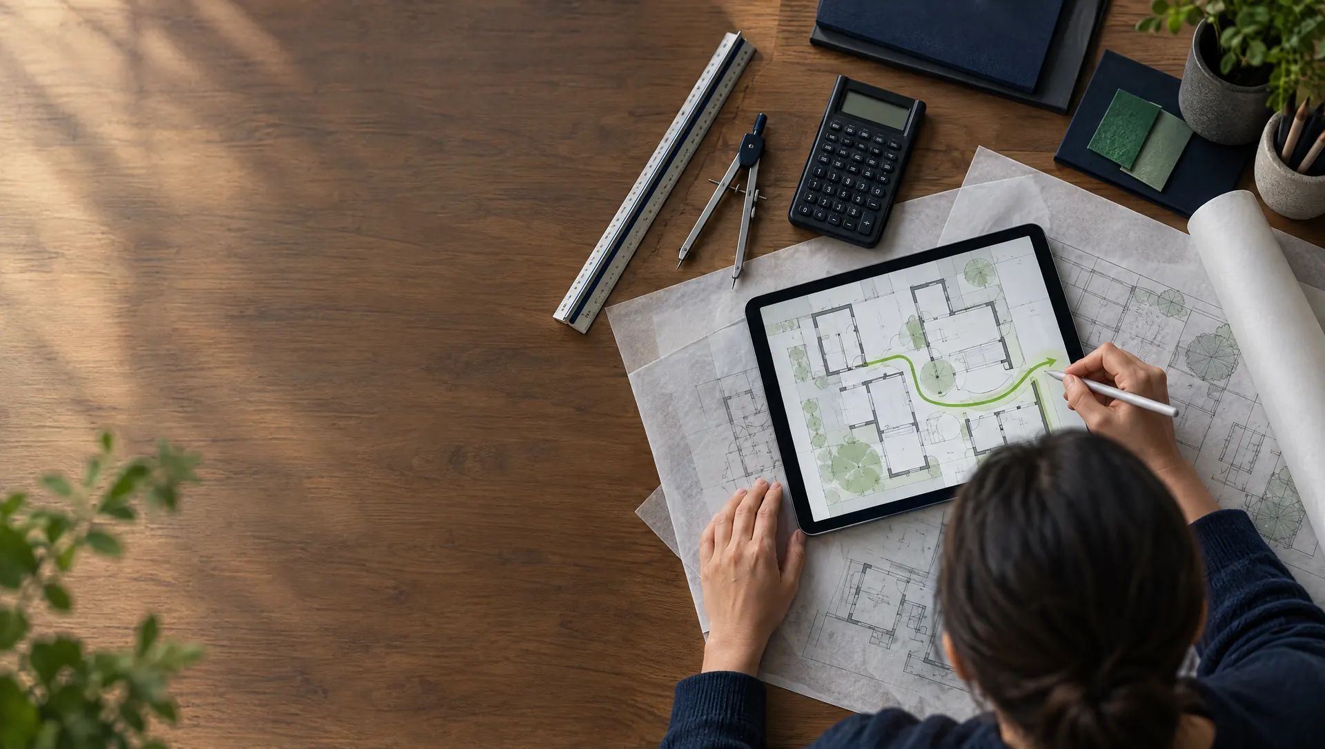 Un établi d'architecte avec règle, compas, calculatrice et tablette affichant un plan avec un cheminement tracé
