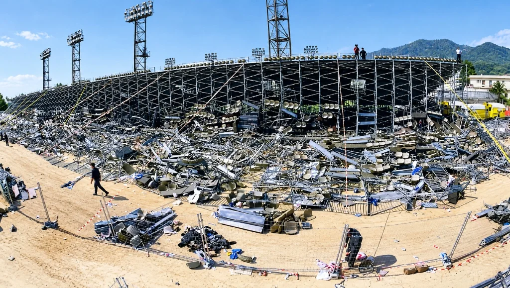 Les décombres de la tribune tubulaire effondrée au stade Armand-Cesari de Furiani