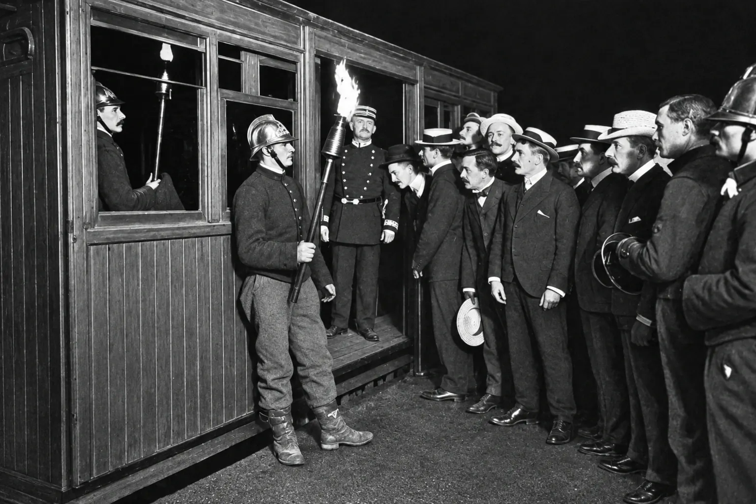 Sapeurs-pompiers et officiels inspectant à la torche les voitures en bois du métropolitain après l'incendie du 10 août 1903