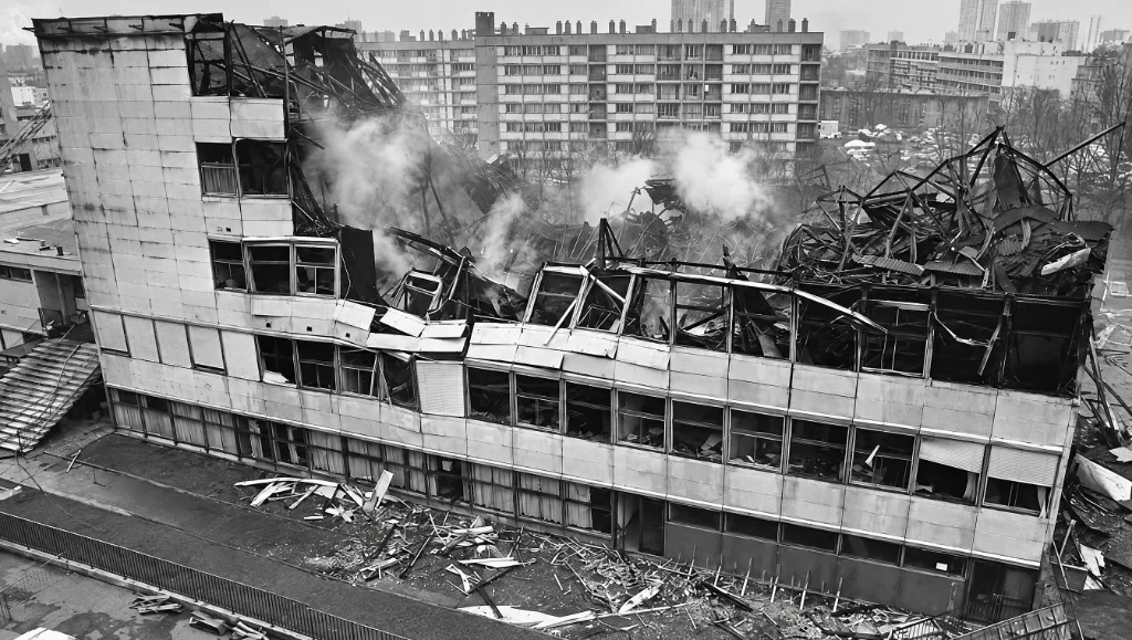 Vue plongeante sur les décombres calcinés et la toiture effondrée du collège Pailleron