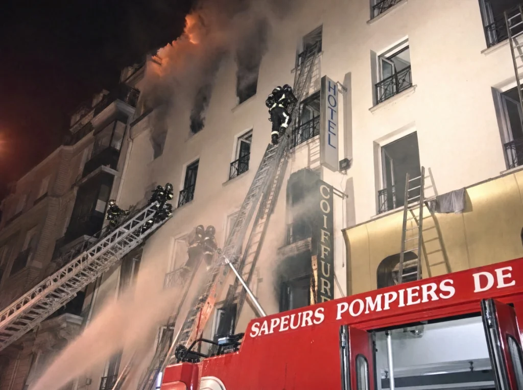 Sauvetage des résidents par les échelles lors de l'incendie de l'hôtel Paris-Opéra en avril 2005
