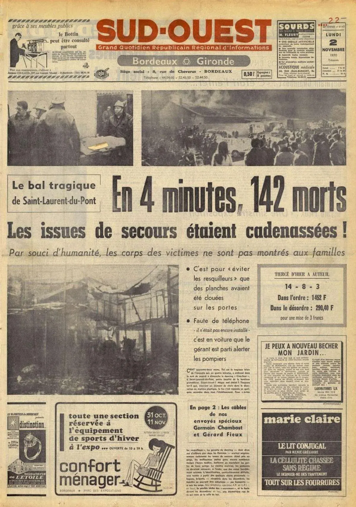 Une du journal Sud-Ouest du 2 novembre 1970 : « En 4 minutes, 142 morts. Les issues de secours étaient cadenassées ! »