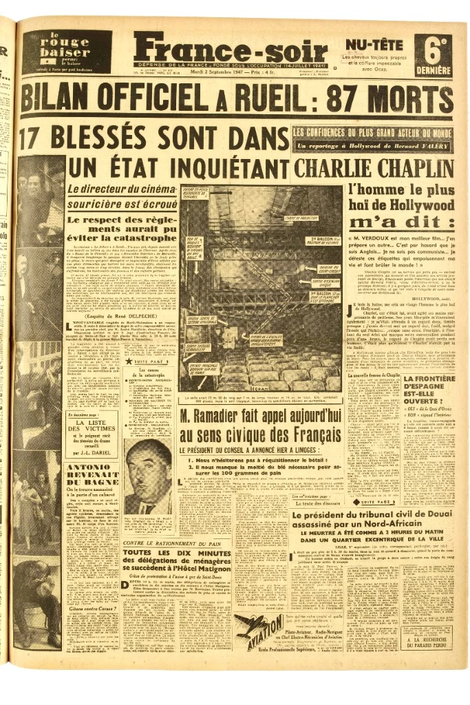 Une du journal France-Soir du 2 septembre 1947 : « Bilan officiel à Rueil : 87 morts »