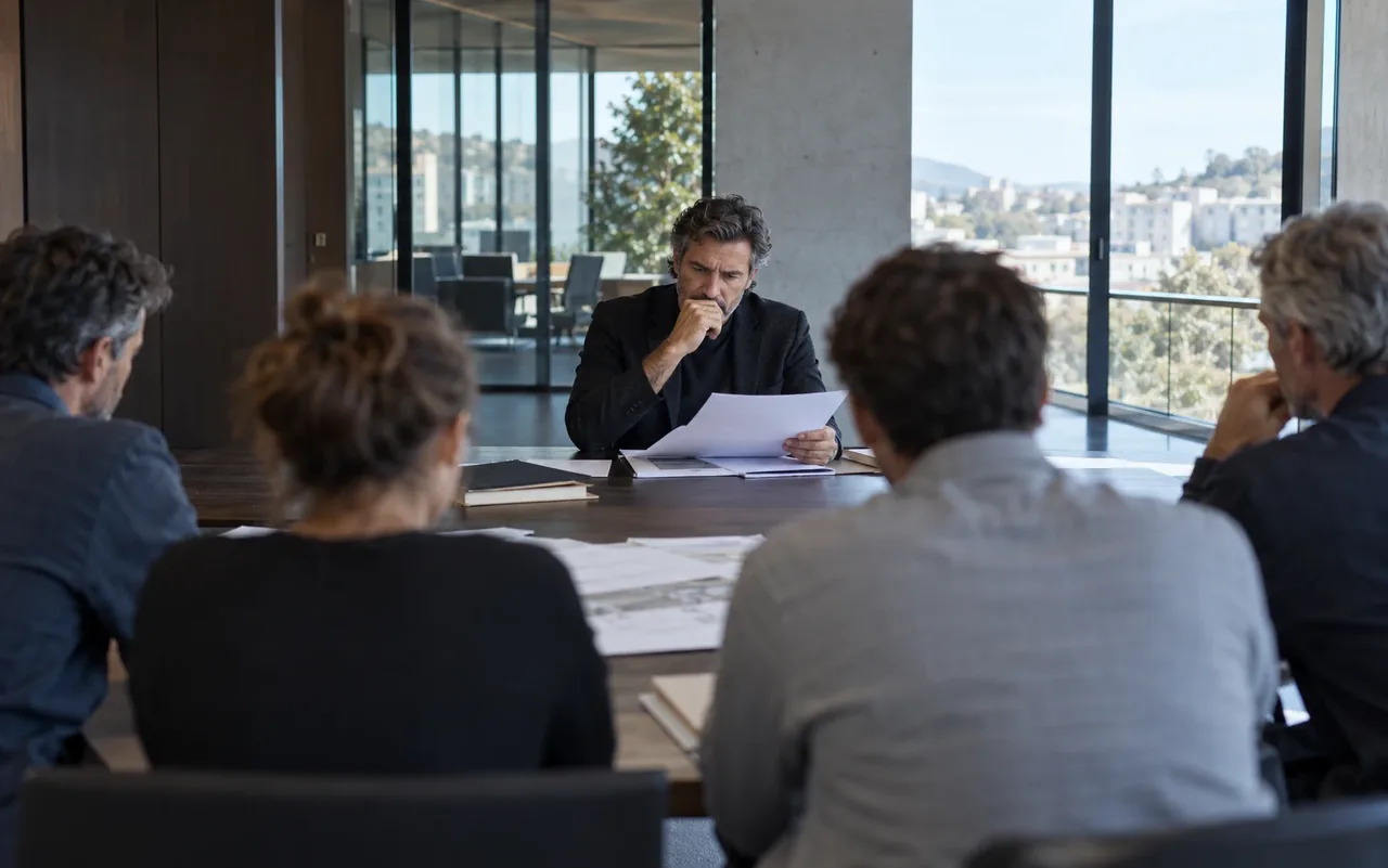 Réunion de projet : un architecte lit un document devant ses interlocuteurs, plans étalés sur la table