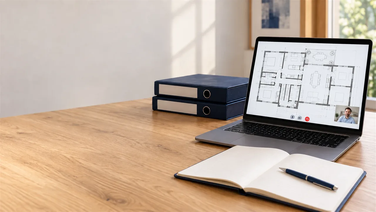 Un ordinateur portable affichant une visioconférence et un plan de bâtiment partagé, posé sur un bureau avec un carnet ouvert et des classeurs : une consultation en visio sur pièces