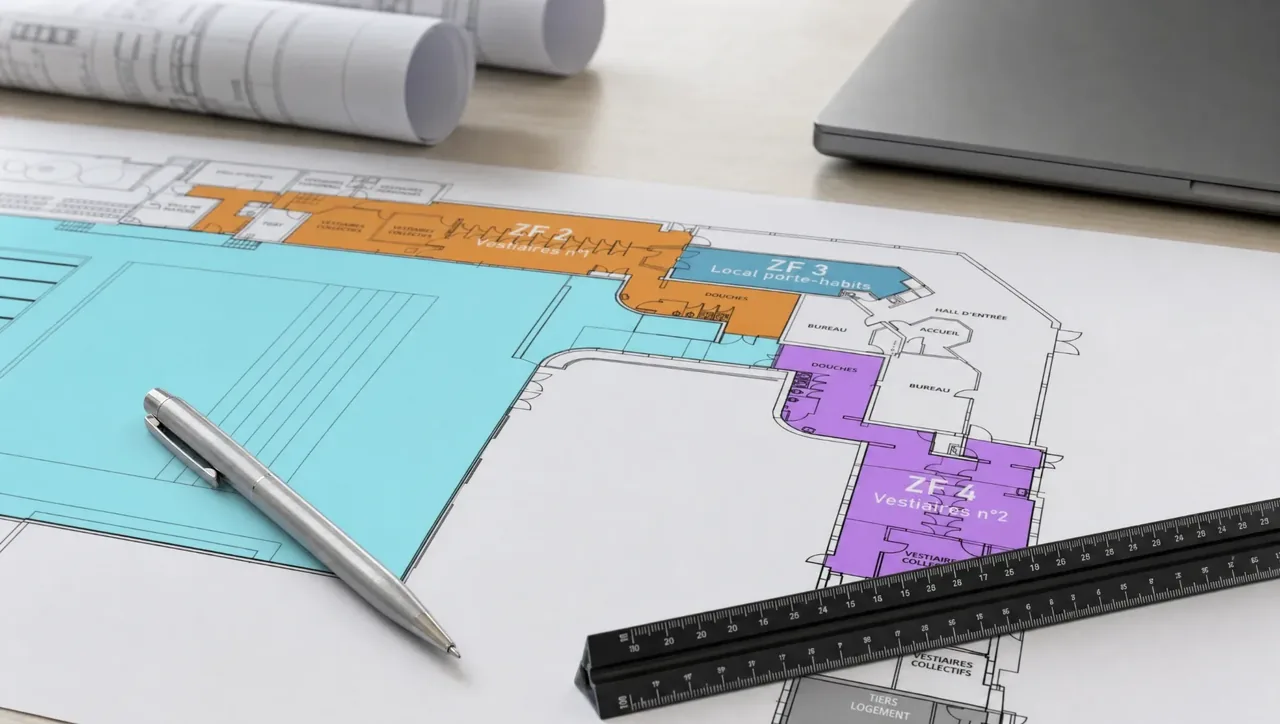 Un plan de bâtiment étalé sur une table de travail, vu de dessus, avec une règle, des rouleaux de calque et un carnet : ingénierie et prestations d'études