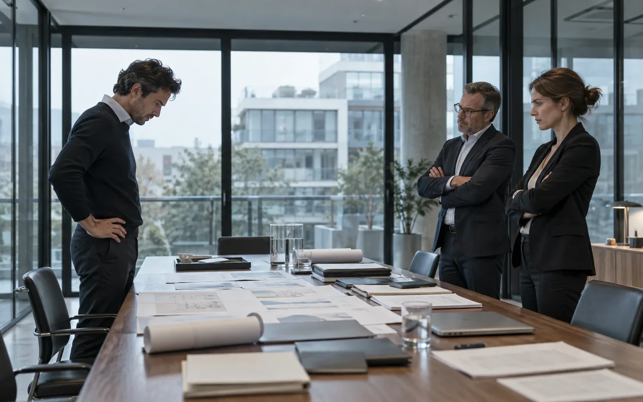 Un architecte penché sur des plans étalés sur une grande table, face à deux interlocuteurs aux bras croisés : sa crédibilité mise à l'épreuve devant ses clients