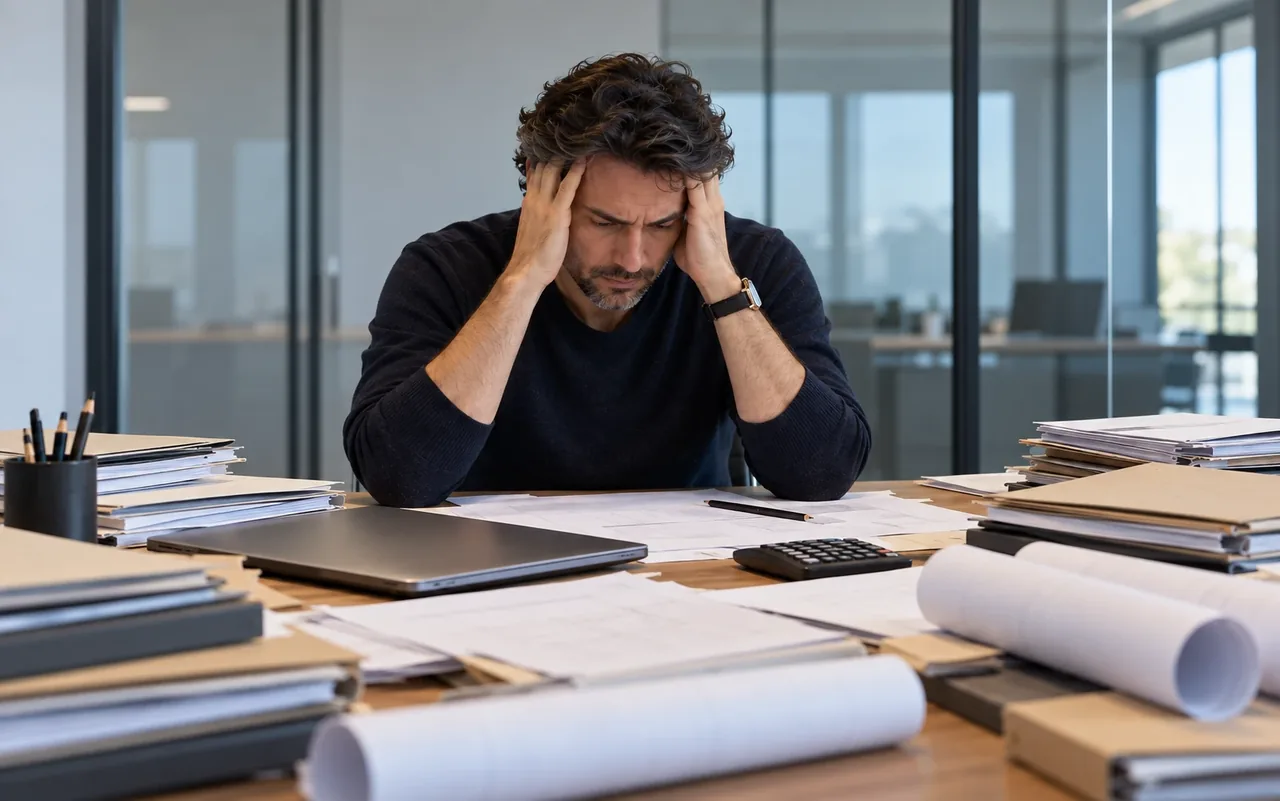 Un architecte, la tête dans les mains, seul à une table encombrée de dossiers, de plans roulés et d'une calculatrice : le poids financier d'un marché de travaux mal maîtrisé